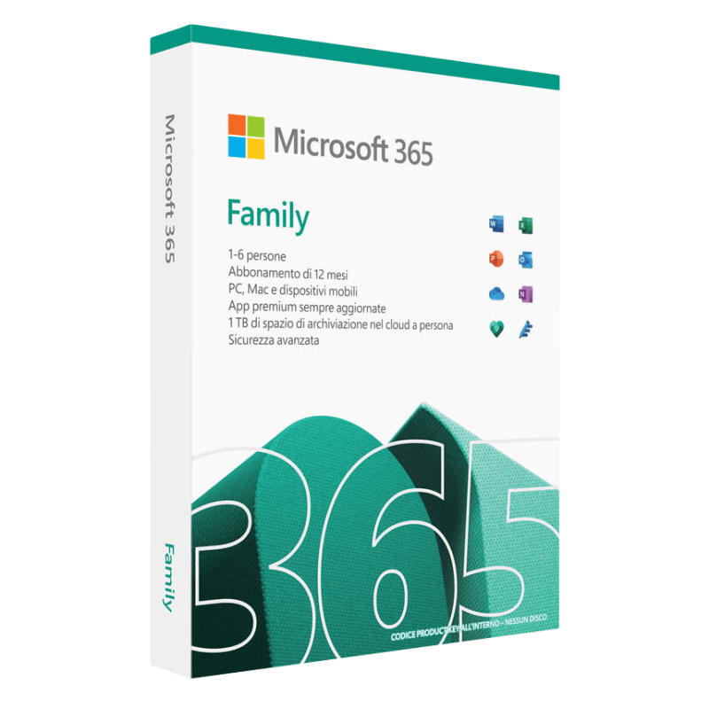 Confezione digitale Microsoft 365 Family – Licenza 12 mesi per Windows, macOS, Android e iOS.