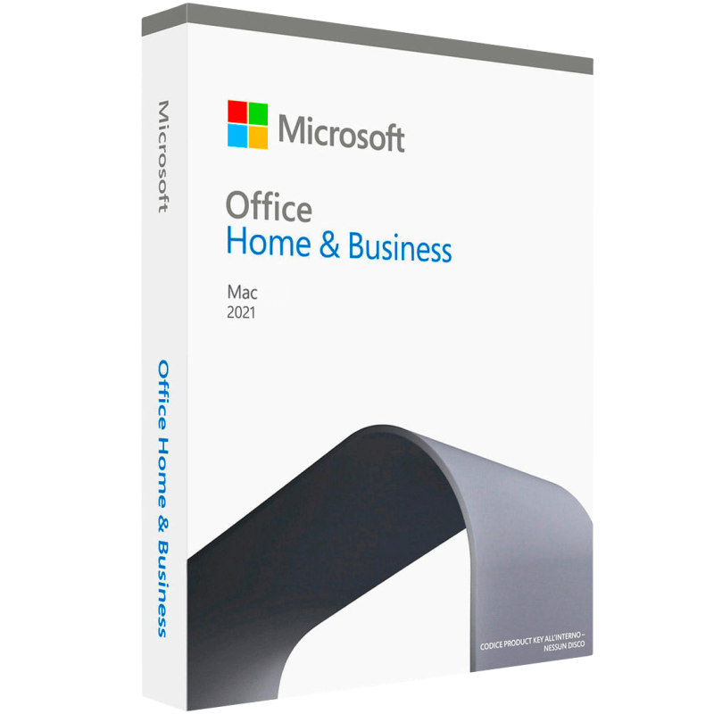 Confezione di Microsoft Office 2021 Home & Business per Mac con icone delle applicazioni incluse su sfondo bianco.