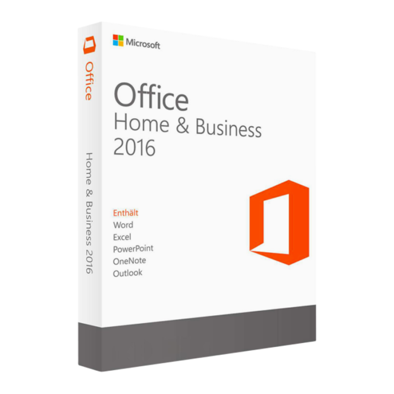Confezione digitale Microsoft Office 2016 Home & Business per Mac – Licenza perpetua per 1 dispositivo, con icone Word, Excel, PowerPoint, Outlook e OneNote su sfondo elegante.