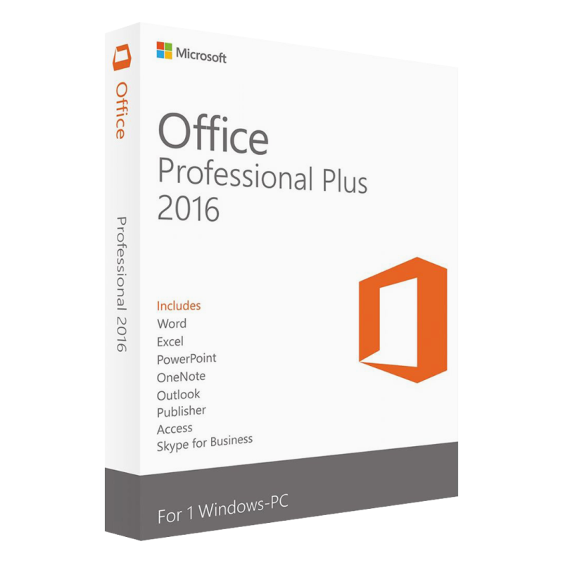 Confezione digitale di Microsoft Office 2016 Professional Plus Retail con icone delle applicazioni incluse su sfondo arancione.